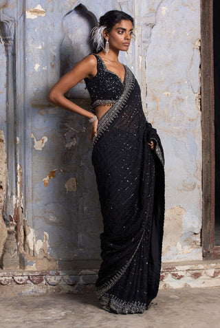 Nitika Gujral-Black Embroidered Organza Sari Set-INDIASPOPUP.COM