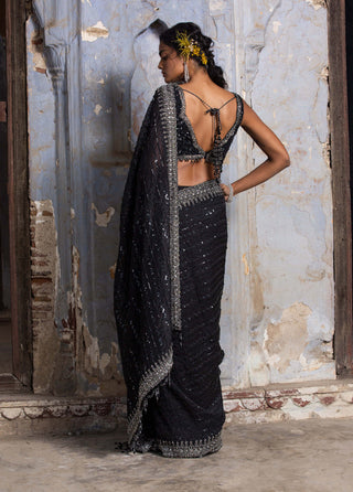 Nitika Gujral-Black Embroidered Organza Sari Set-INDIASPOPUP.COM