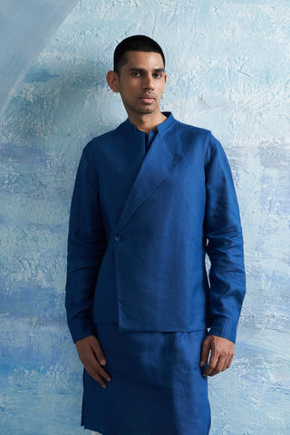Royal Blue Jacket And Kurta Set by Charkhee Men, available on Indiaspopup.com