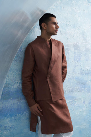 Woody Brown Jacket And Kurta Set by Charkhee Men, available on Indiaspopup.com