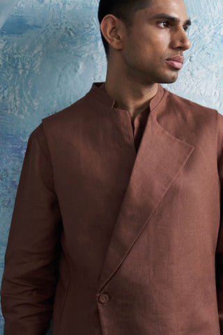 Woody Brown Jacket And Kurta Set by Charkhee Men, available on Indiaspopup.com