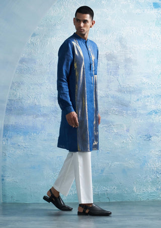Royal Blue Straight Shimmer Kurta And Pant by Charkhee Men, available on Indiaspopup.com