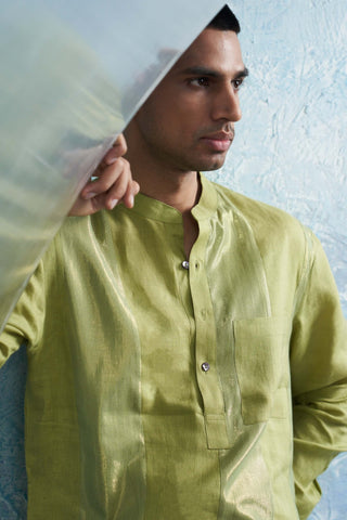 Sheen Green Straight Shimmer Kurta And Pant by Charkhee Men, available on Indiaspopup.com
