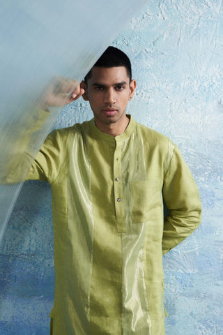 Sheen Green Straight Shimmer Kurta And Pant by Charkhee Men, available on Indiaspopup.com