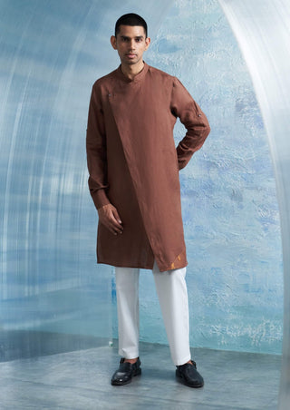 Woody Brown Overlap Kurta And Pant by Charkhee Men, available on Indiaspopup.com