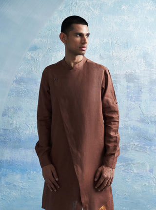 Woody Brown Overlap Kurta And Pant by Charkhee Men, available on Indiaspopup.com