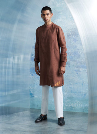 Woody Brown Overlap Kurta And Pant by Charkhee Men, available on Indiaspopup.com