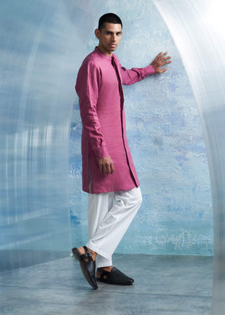 Grape Pink Linen Kurta And Pants by Charkhee Men, available on Indiaspopup.com
