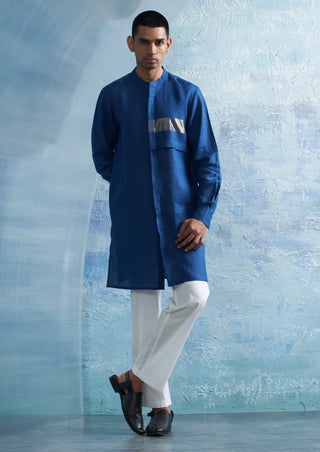 Royal Blue Linen Kurta And Pants by Charkhee Men, available on Indiaspopup.com