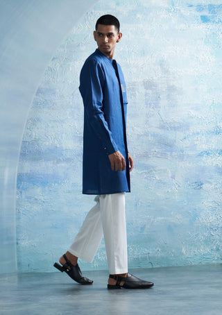 Royal Blue Linen Kurta And Pants by Charkhee Men, available on Indiaspopup.com