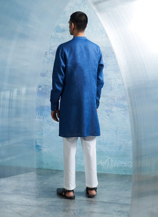 Royal Blue Linen Kurta And Pants by Charkhee Men, available on Indiaspopup.com