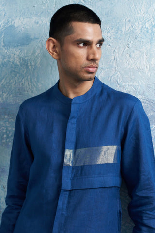 Royal Blue Linen Kurta And Pants by Charkhee Men, available on Indiaspopup.com