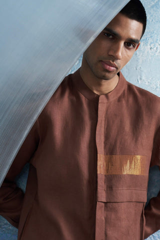 Woody Brown Linen Kurta And Pants by Charkhee Men, available on Indiaspopup.com
