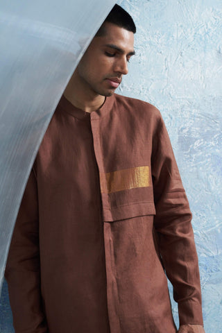 Woody Brown Linen Kurta And Pants by Charkhee Men, available on Indiaspopup.com