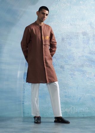Woody Brown Linen Kurta And Pants by Charkhee Men, available on Indiaspopup.com