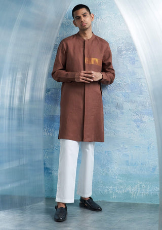 Woody Brown Linen Kurta And Pants by Charkhee Men, available on Indiaspopup.com