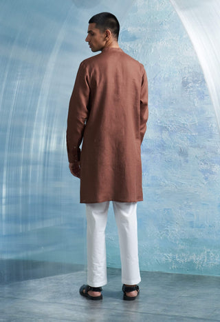 Woody Brown Linen Kurta And Pants by Charkhee Men, available on Indiaspopup.com