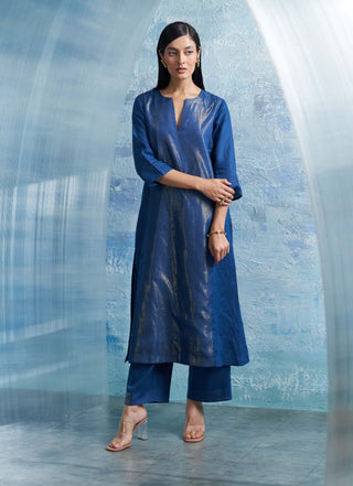Royal Blue Linen Kurta Set by Charkhee, available on Indiaspopup.com