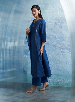 Royal Blue Linen Kurta Set by Charkhee, available on Indiaspopup.com