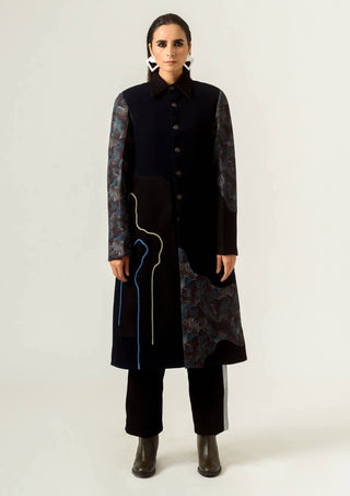 Siddhant Aggarwal-Navy Blue Panelled Trench Coat-INDIASPOPUP.COM