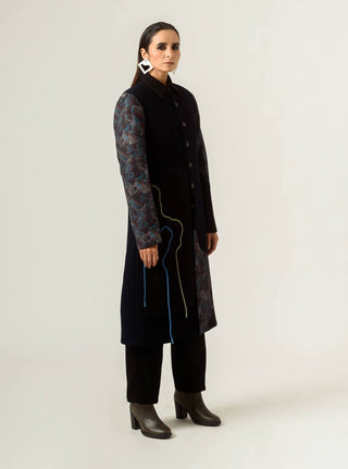 Siddhant Aggarwal-Navy Blue Panelled Trench Coat-INDIASPOPUP.COM