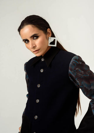Siddhant Aggarwal-Navy Blue Panelled Trench Coat-INDIASPOPUP.COM