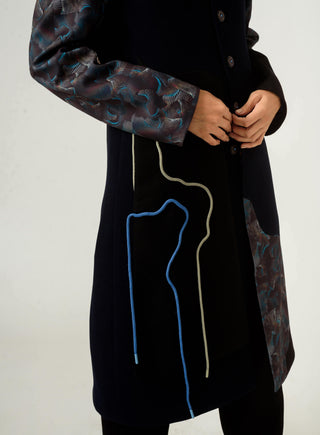 Siddhant Aggarwal-Navy Blue Panelled Trench Coat-INDIASPOPUP.COM