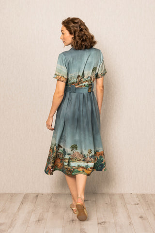 Teal blue porto knotch collar midi dress