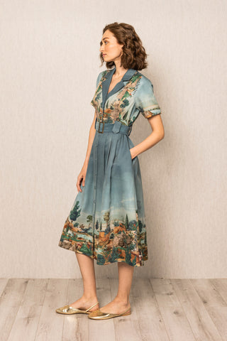 Teal blue porto knotch collar midi dress