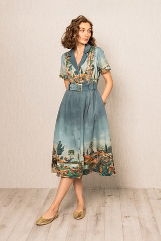 Teal blue porto knotch collar midi dress