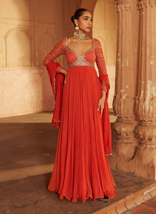 Rust Maharaani Anarkali And Dupatta by Nidhika Shekhar available on Indiaspopup.com