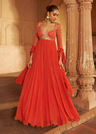 Rust Maharaani Anarkali And Dupatta by Nidhika Shekhar available on Indiaspopup.com