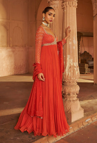 Rust Maharaani Anarkali And Dupatta by Nidhika Shekhar available on Indiaspopup.com