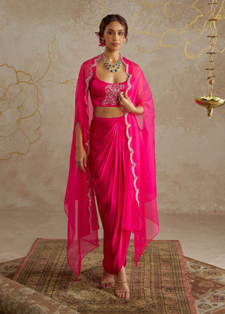 Hot Pink Draped Skirt With Bustier And Cape by Chhavvi Aggarwal available on Indiaspopup.com