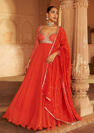 Rust Maharaani Anarkali And Dupatta by Nidhika Shekhar available on Indiaspopup.com