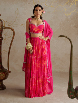 Pink Rose Printed Lehenga Set by Chhavvi Aggarwal available on Indiaspopup.com