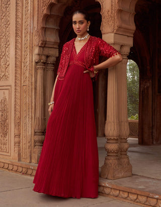 Red Ullas-E-Bahaar Anarkali Set by Nidhika Shekhar available on Indiaspopup.com