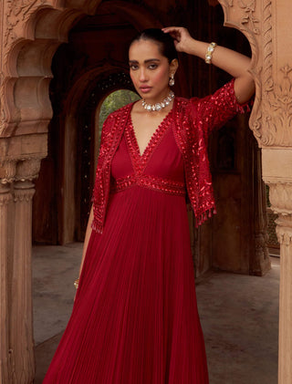 Red Ullas-E-Bahaar Anarkali Set by Nidhika Shekhar available on Indiaspopup.com