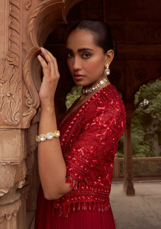 Red Ullas-E-Bahaar Anarkali Set by Nidhika Shekhar available on Indiaspopup.com