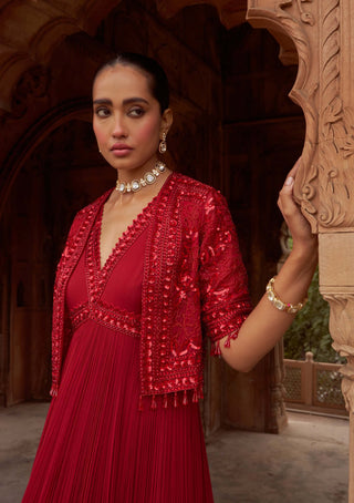 Red Ullas-E-Bahaar Anarkali Set by Nidhika Shekhar available on Indiaspopup.com