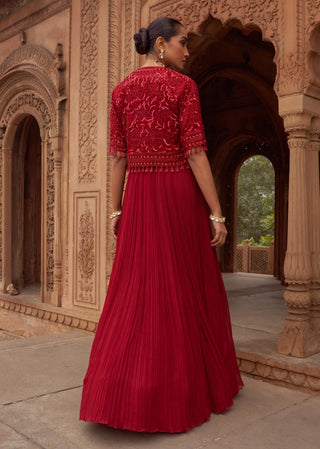 Red Ullas-E-Bahaar Anarkali Set by Nidhika Shekhar available on Indiaspopup.com