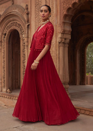 Red Ullas-E-Bahaar Anarkali Set by Nidhika Shekhar available on Indiaspopup.com