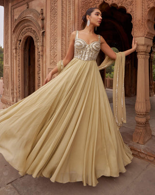 Golden Jashnaa Sunheri Gown And Dupatta by Nidhika Shekhar available on Indiaspopup.com