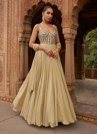 Golden Jashnaa Sunheri Gown And Dupatta by Nidhika Shekhar available on Indiaspopup.com