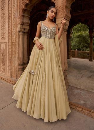 Golden Jashnaa Sunheri Gown And Dupatta by Nidhika Shekhar available on Indiaspopup.com