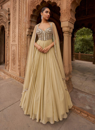 Golden Jashnaa Sunheri Gown And Dupatta by Nidhika Shekhar available on Indiaspopup.com