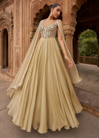 Golden Jashnaa Sunheri Gown And Dupatta by Nidhika Shekhar available on Indiaspopup.com