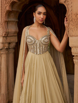 Golden Jashnaa Sunheri Gown And Dupatta by Nidhika Shekhar available on Indiaspopup.com
