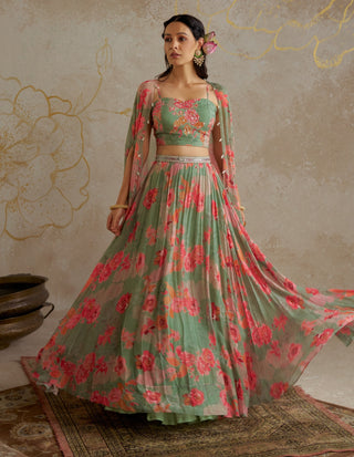 Jade Rose Lehenga With Cape Set by Chhavvi Aggarwal available on Indiaspopup.com