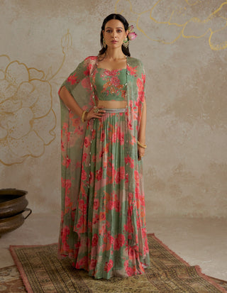 Jade Rose Lehenga With Cape Set by Chhavvi Aggarwal available on Indiaspopup.com
